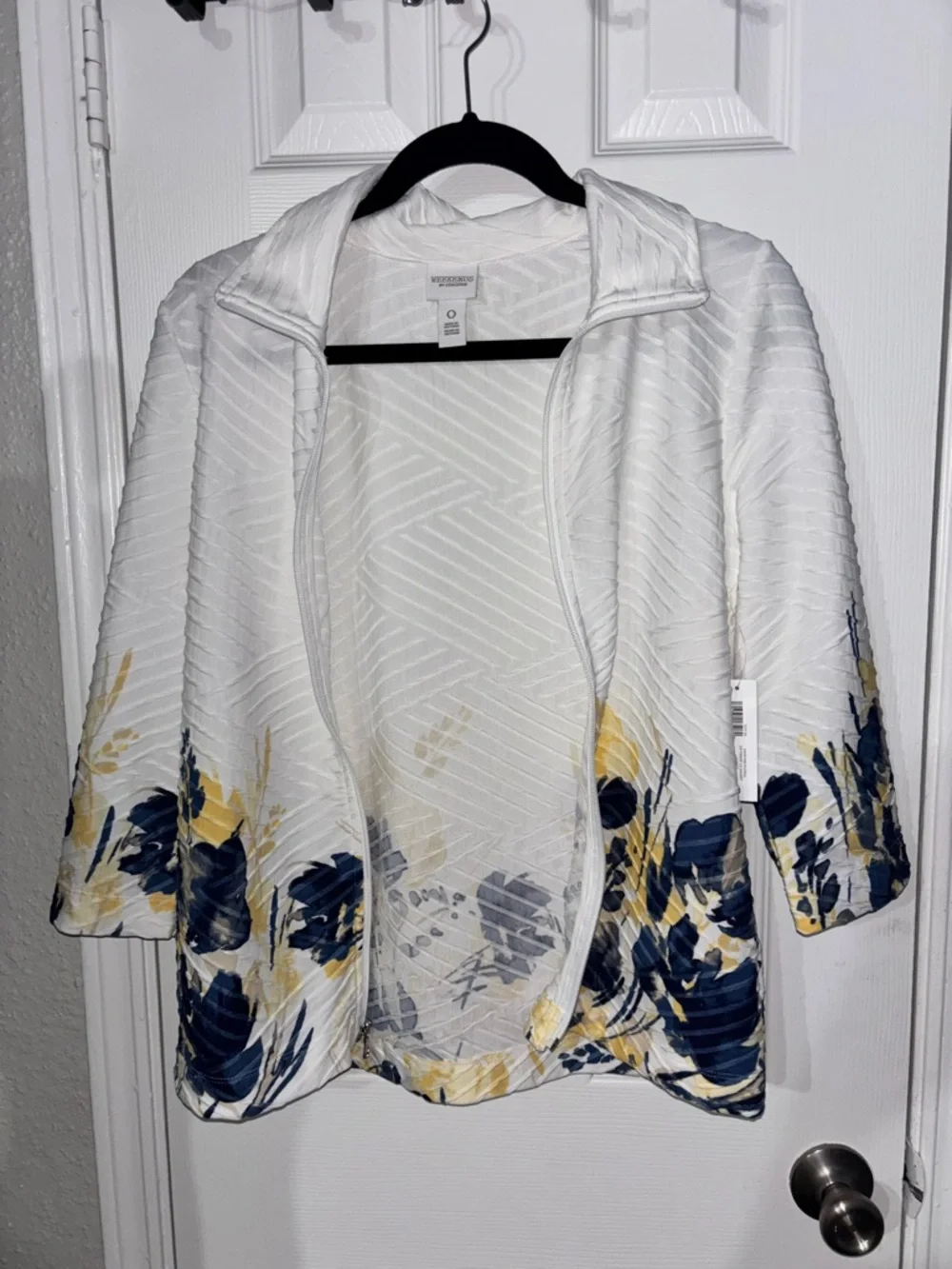 Chico's White Zip-Front Jacket with Navy & Yellow Floral Border - Picture 5 of 5